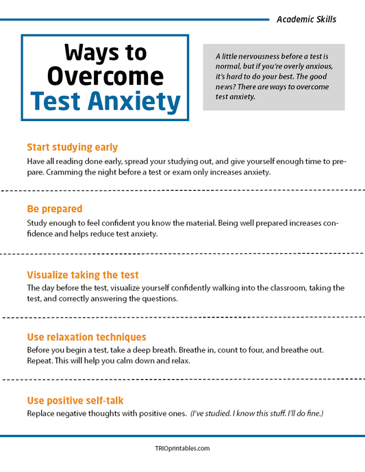 Ways to Overcome Test Anxiety Informational Sheet