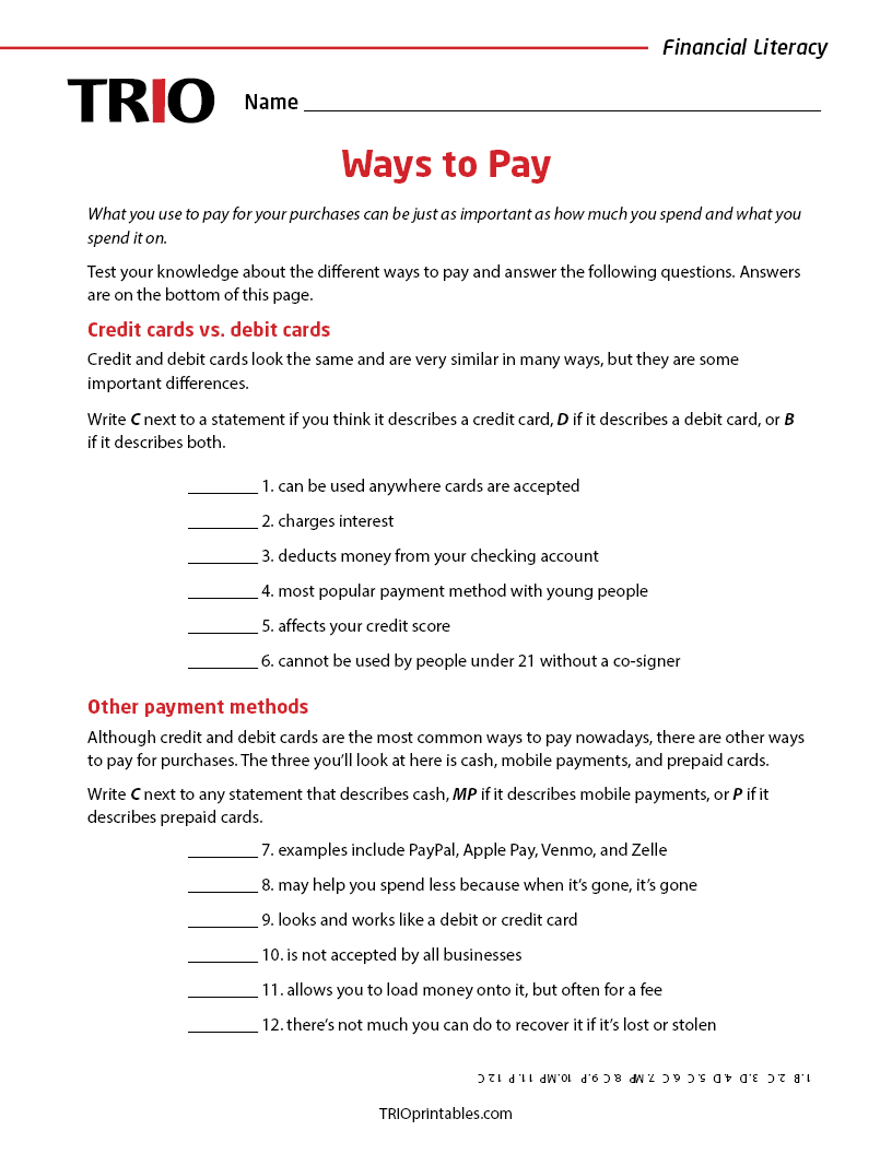 Ways to Pay Activity Sheet