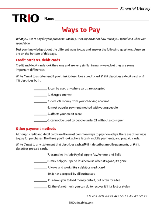 Ways to Pay Activity Sheet