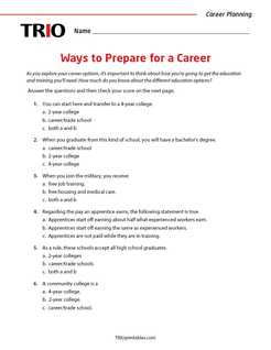 Ways to Prepare for a Career Activity Sheet – TRIO Printables