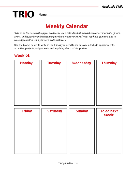 Weekly Calendar Activity Sheet
