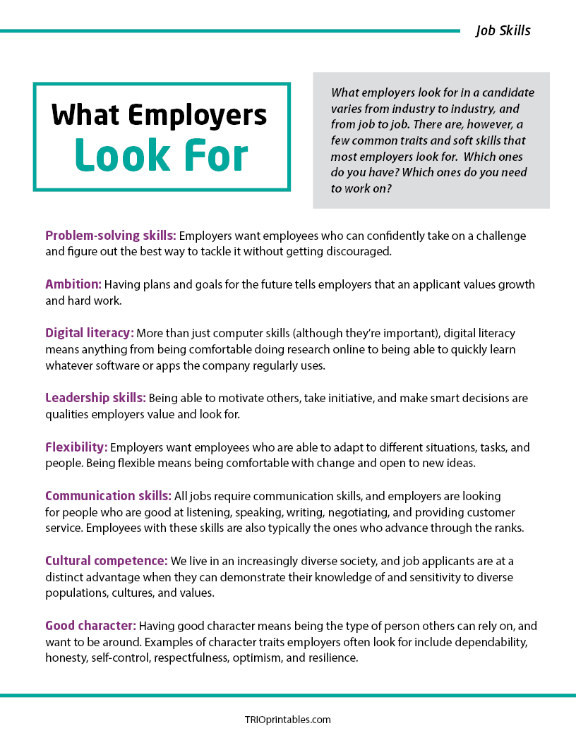 What Employers Look For Informational Sheet