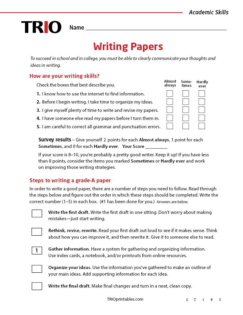 Writing Grad Papers Writing Papers Activity Sheet – TRIO Printables