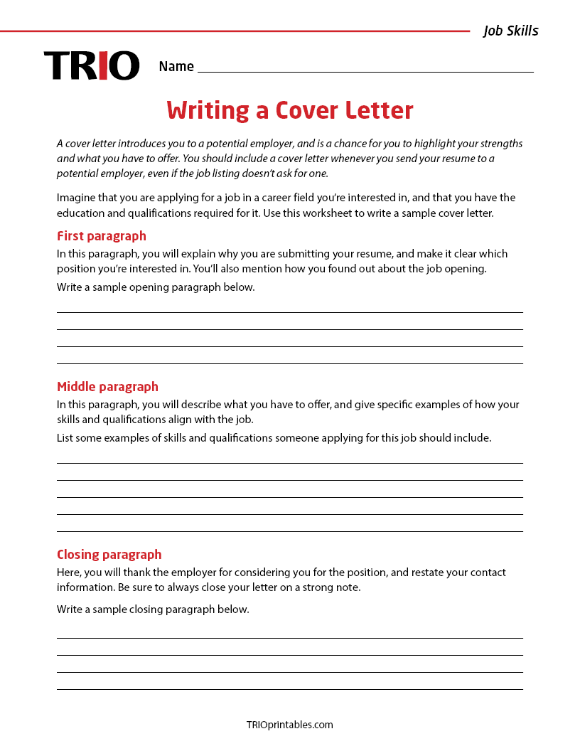 Writing a Cover Letter Activity Sheet – TRIO Printables