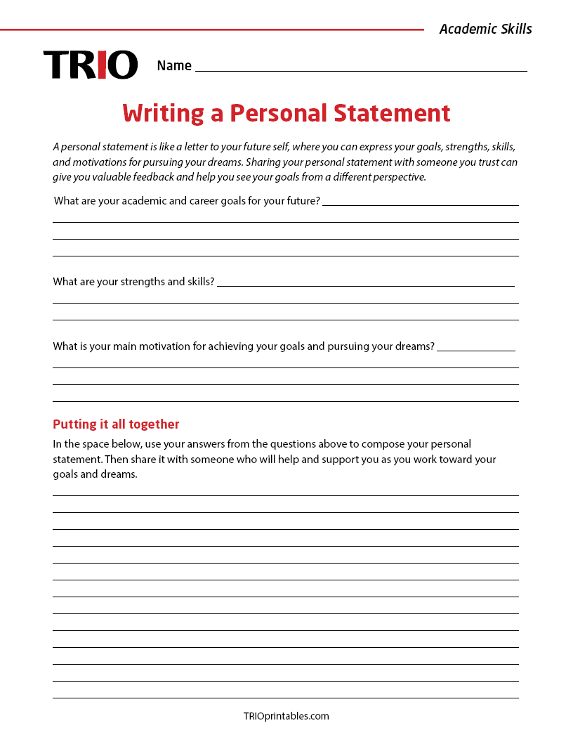 Writing a Personal Statement Activity Sheet