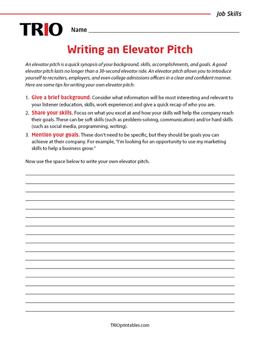 Writing an Elevator Pitch Activity Sheet