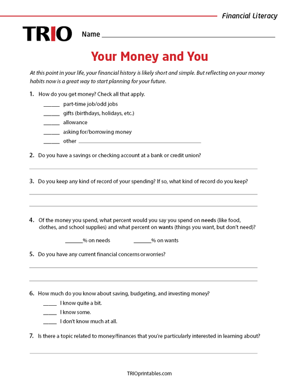 Your Money and You Activity Sheet – TRIO Printables