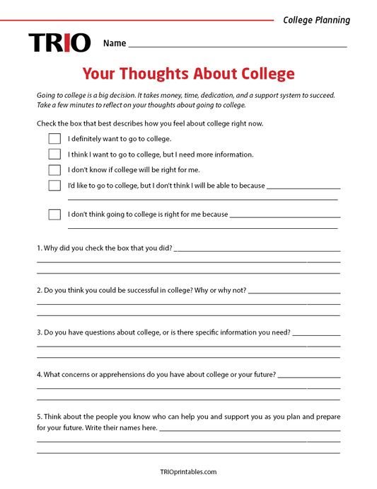 Your Thoughts About College Activity Sheet